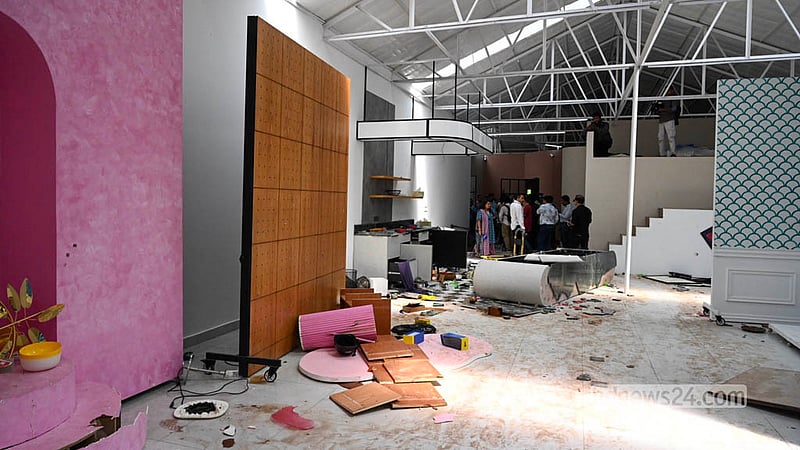 Damaged furniture and equipment lie scattered after an attack on content creator Salman Muqtadir's Brownfish studio at ECB Chattar in Dhaka.