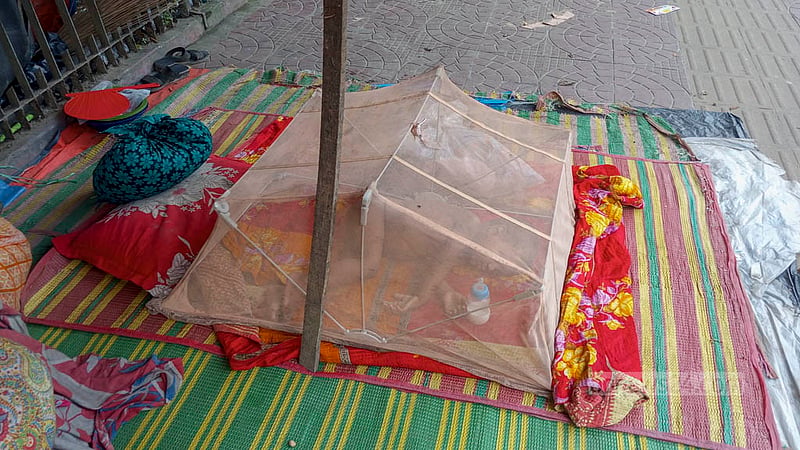 A mother puts her child to sleep under a mosquito net on the pavement outside Dhaka Medical College Hospital amid a surge in dengue cases. Photo: Abdullah Al Momin