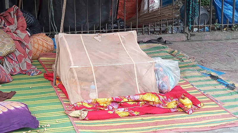 A mother puts her child to sleep under a mosquito net on the pavement outside Dhaka Medical College Hospital amid a surge in dengue cases. Photo: Abdullah Al Momin