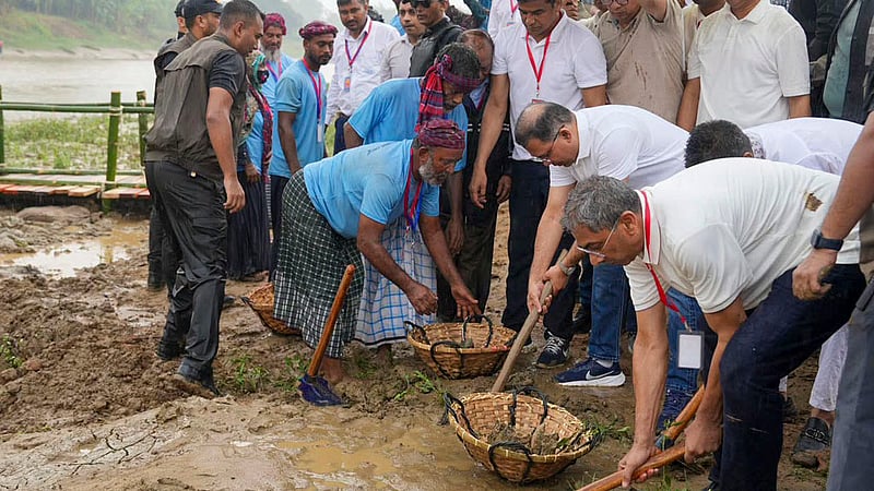 Prime Minister Tarique Rahman inaugurates a canal excavation initiative near the Kheyaghat Muhuri Bridge in Feni’s Parshuram on Thursday, Sept 1, 2026. Photo: PMO