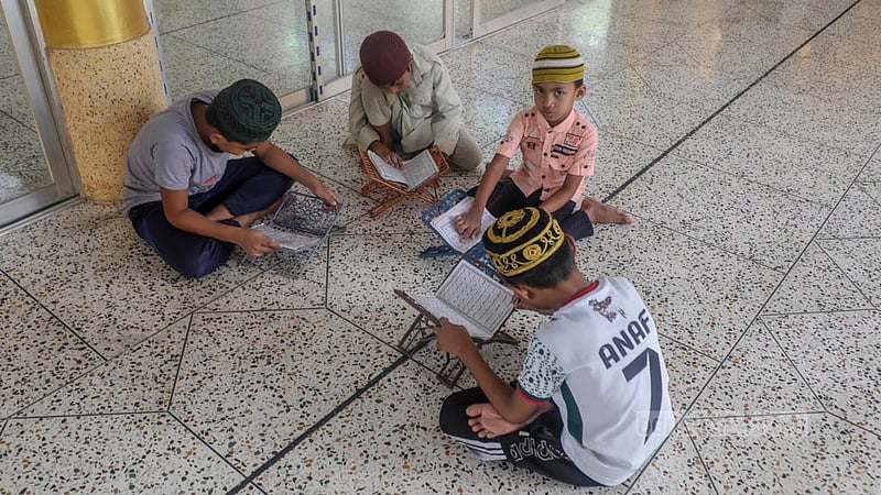 Children receive Arabic lessons after Zuhr prayers every day at this mosque at Zinjira’s Hawli in Keraniganj. Photo: Abdullah Al Momin