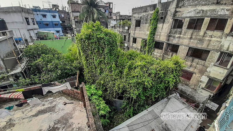 The surviving entrance arch of Jinjira Palace in Keraniganj’s Hawli is hemmed in and obscured by buildings put up by encroachers. Photo: Abdullah Al Momin
