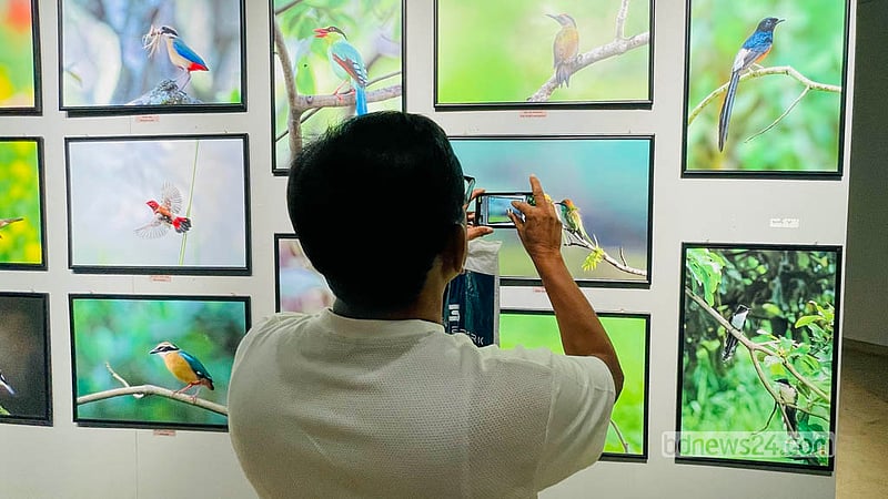 Visitors look at bird photographs by photographer Ansar Uddin Khan Pathan at the National Museum on Saturday, Oct 3, 2026. Photo: Shamsul Haque Ripon