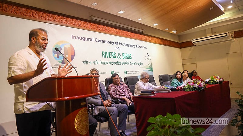 State Minister for Forest and Environment Shaikh Faridul Islam attends the opening of the “Nadi O Pakhi” (Rivers and Birds) photography exhibition by Abir Abdullah and Ansar Uddin Khan Pathan at the National Museum on Saturday, Oct 3, 2026. Photo: Shamsul Haque Ripon