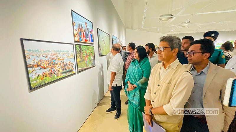 Visitors view river photographs by photographer Abir Abdullah at the National Museum on Saturday, Oct 3, 2026. Photo: Shamsul Haque Ripon