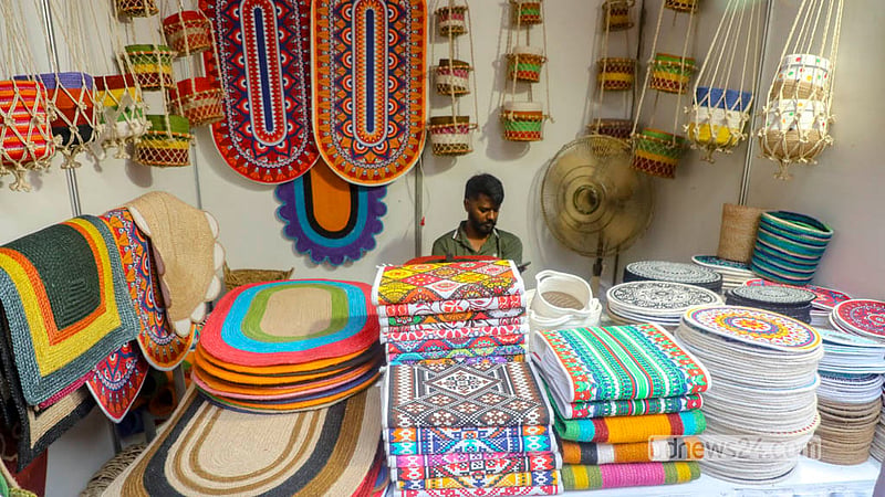 A range of products made from jute is displayed at the fair, which opened at the Jute Diversification Promotion Centre on Saturday, Oct 3, 2026.  Photo: Abdullah Al Momin