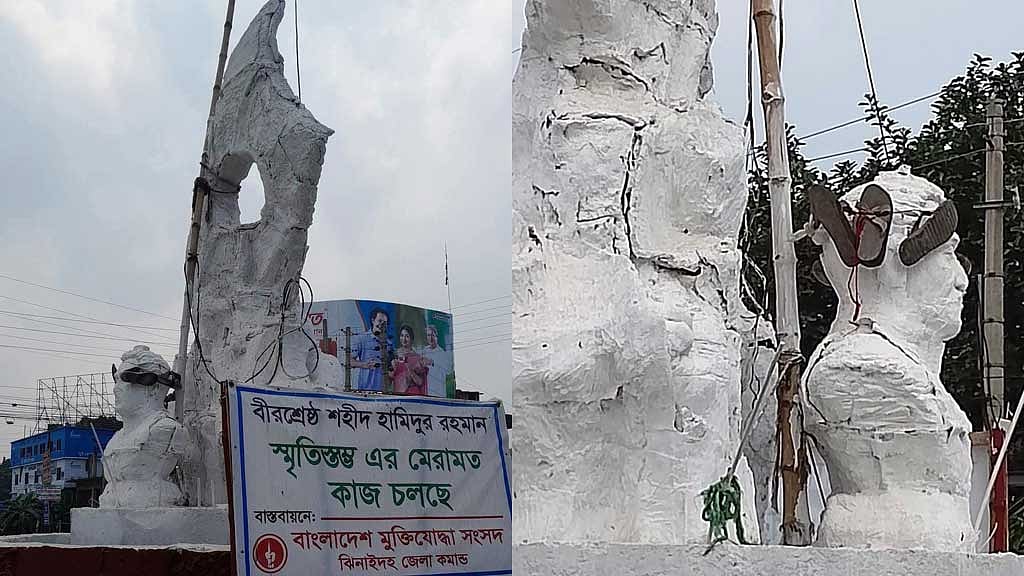 Shoes hung on Bir Shrestha Hamidur Rahman sculpture in Jhenaidah, sparking outrage