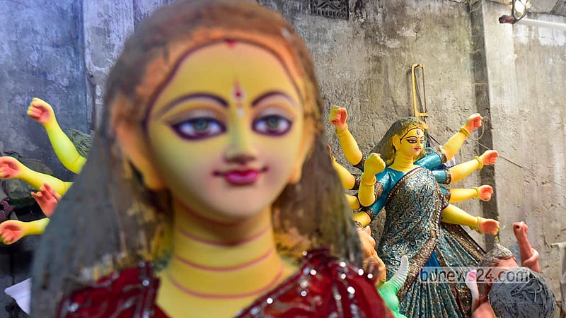 Artists spare no effort to dress and adorn the goddess in her many forms for the approaching festival. Photo: Shamsul Haque Ripon