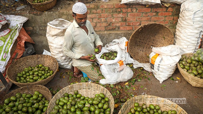 Wholesalers and workers arrange baskets of ambarella from across the country for sale at a Shyambazar fruit depot. Photo: Shamsul Haque Ripon