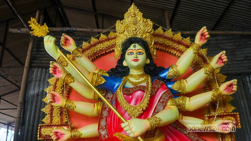 Completed idols of Goddess Durga stand ready at Ramna Kali Temple as preparations for Durga Puja enter the final stages. Photo: Abdullah Al Momin