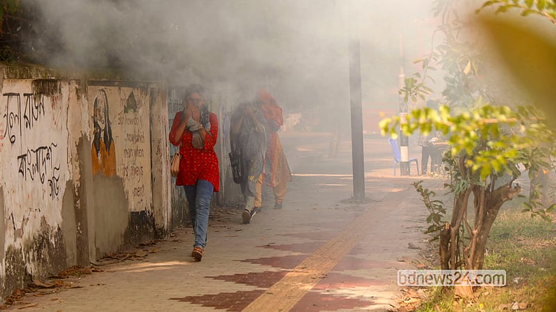 Students hold their noses while shrouded in the smoke of burning garbage on the road in front of the TSC on the Dhaka University campus on Tuesday, Oct 13, 2026. Photo: Shamsul Haque Ripon