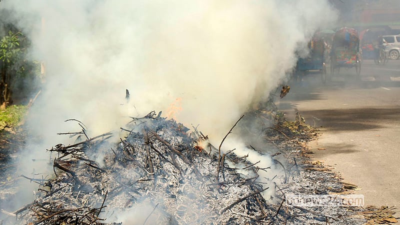 The road between the TSC and Rokeya Hall on the Dhaka University campus is shrouded in the smoke of burning garbage on Tuesday, Oct 13, 2026. When the campus is cleaned, leaves and garbage are burnt along the road.  Photo: Shamsul Haque Ripon