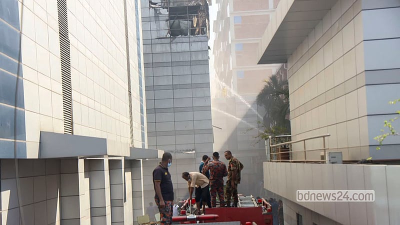 Fire Service personnel try to bring a fire at a Drug International Limited pharmaceutical factory in Gazipur’s Tongi under control on Wednesday, Oct 14, 2026. Photo: Shamsul Haque Ripon