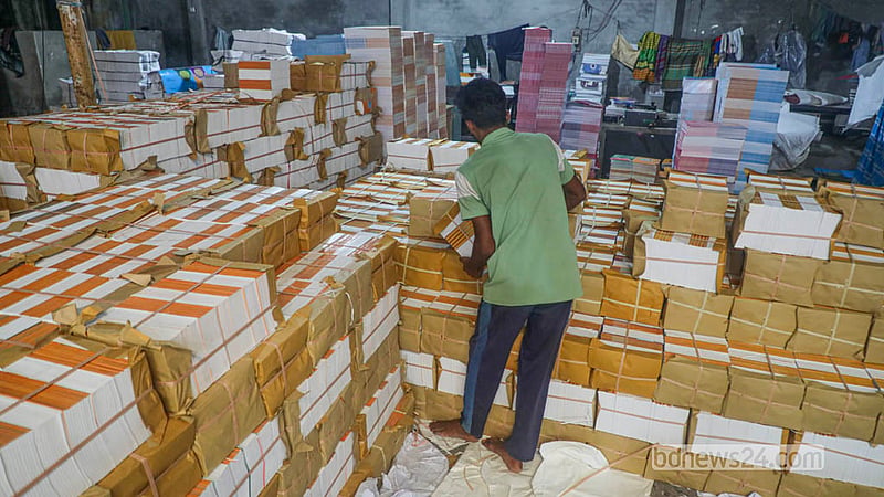 Newly printed secondary-level textbooks are readied for delivery from Matuail to schools across the country. Photo: Abdullah Al Momin