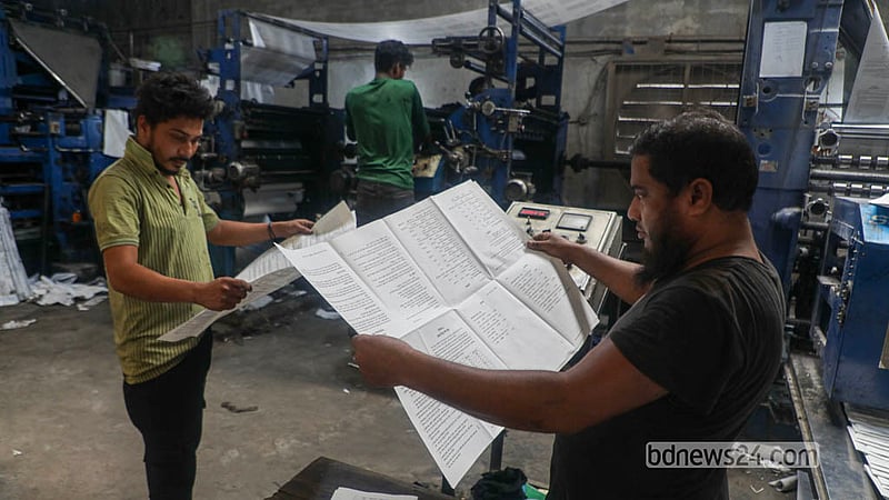 Secondary-level textbooks for the 2027 academic year roll off the presses at Bright Printing Press in Dhaka’s Matuail. The facility is set to produce approximately 3.7 million books. Photo: Abdullah Al Momin