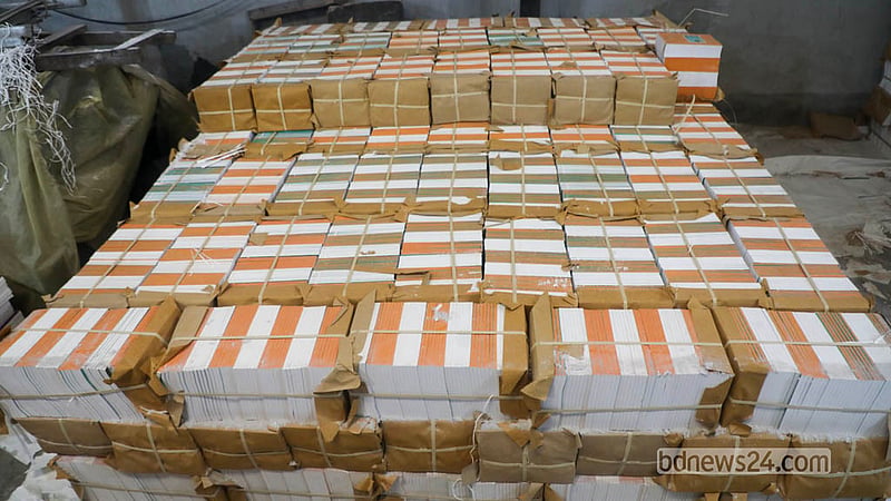 Stacks of freshly printed secondary-level textbooks await distribution at Bright Printing Press in Dhaka’s Matuail, ready to make their way to schools across the country. Photo: Abdullah Al Momin