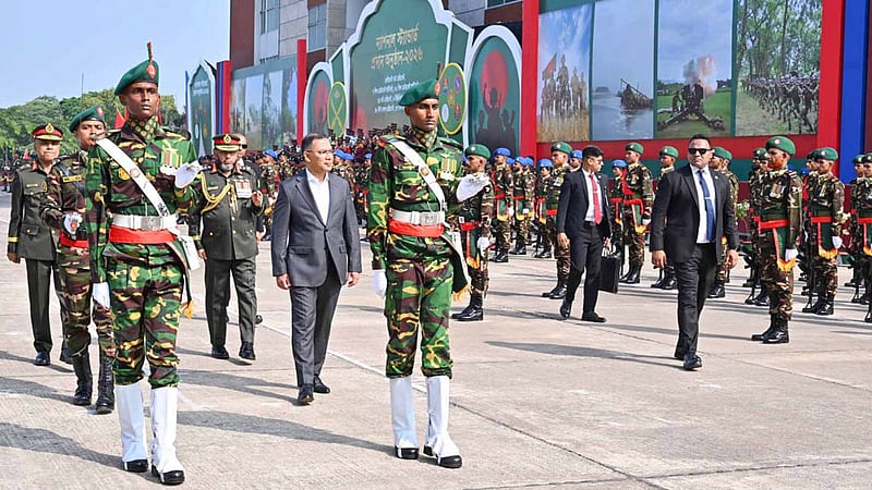 Prime Minister Tarique Rahman inspects a parade marking the National Standard presentation ceremony at Savar Cantonment on Sunday, Oct 18, 2026. Photo: PID