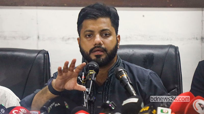 State Minister for Liberation War Affairs Ishraque Hossain speaks at a press conference at the National Press Club on Monday, Oct 19, 2026 after facing a backlash over an “anti-drug drive” in which he carried a firearm. Photo: Shamsul Haque Ripon