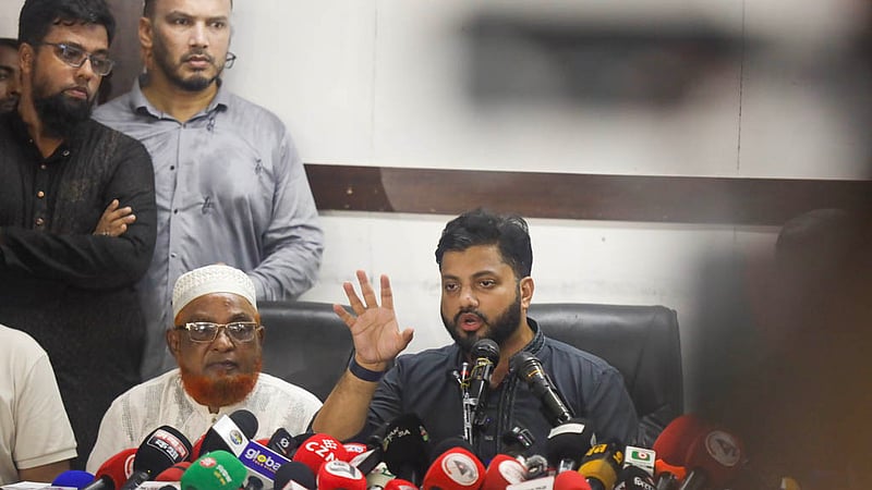 State Minister for Liberation War Affairs Ishraque Hossain speaks at a press conference at the National Press Club on Monday, Oct 19, 2026 after facing a backlash over an “anti-drug drive” in which he carried a firearm. Photo: Shamsul Haque Ripon