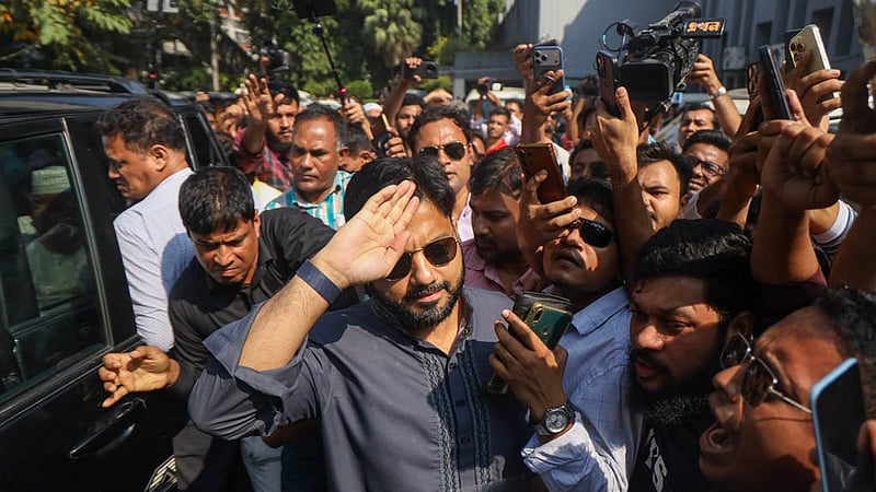 State Minister for Liberation War Affairs Ishraque Hossain arrives at the National Press Club in Dhaka with party leaders and activists on Monday, Oct 19, 2026 to announce his resignation. Photo: Shamsul Haque Ripon