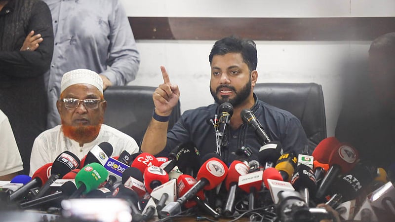 State Minister for Liberation War Affairs Ishraque Hossain speaks at a press conference at the National Press Club on Monday, Oct 19, 2026 after facing a backlash over an “anti-drug drive” in which he carried a firearm. Photo: Shamsul Haque Ripon