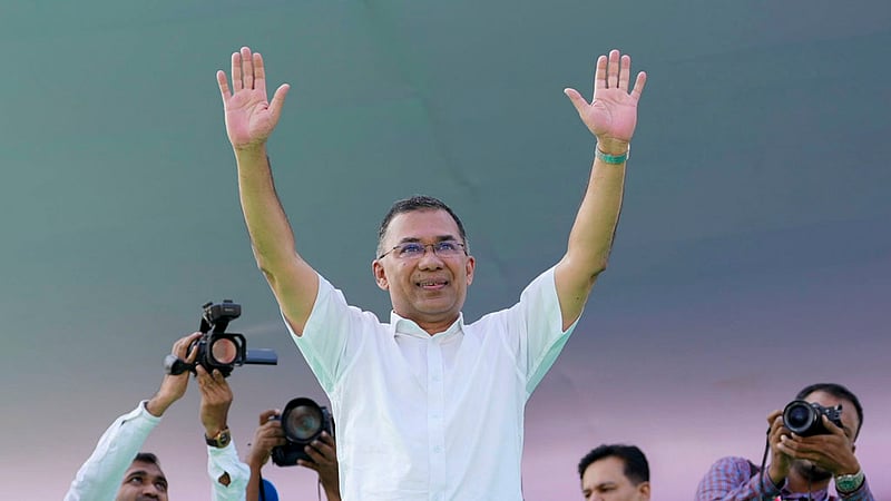 Prime Minister Tarique Rahman waves to the crowd at a rally at Haji Muhammad Mohsin Government High School in Rajshahi on Tuesday, Oct 20, 2026. Photo: PMO