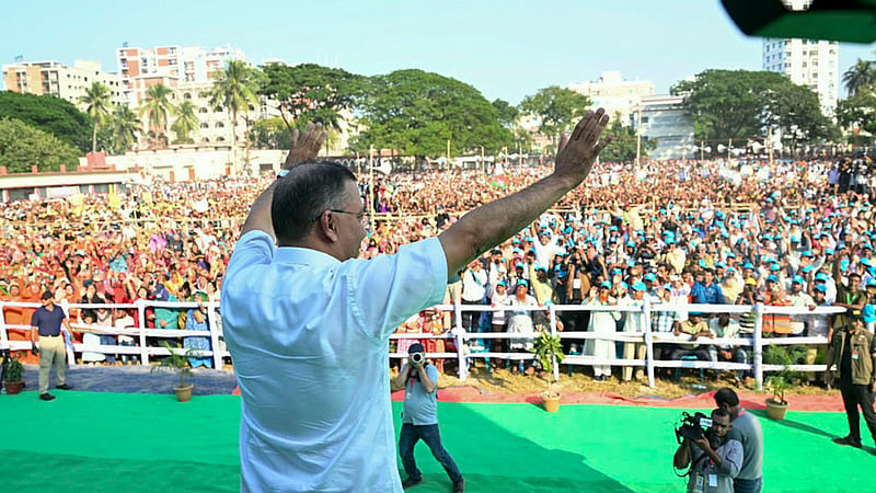 Prime Minister Tarique Rahman waves to the crowd at a rally at Haji Muhammad Mohsin Government High School in Rajshahi on Tuesday, Oct 20, 2026. Photo: PMO