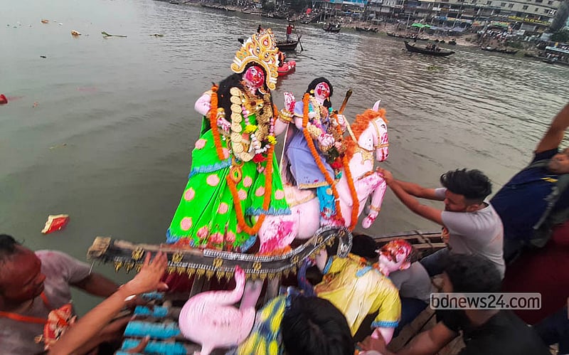 Hindu devotees mark the conclusion of Durga Puja with the immersion of Goddess Durga's idols on Wednesday, Oct 21, 2026. Photo: Abdullah Al Momin