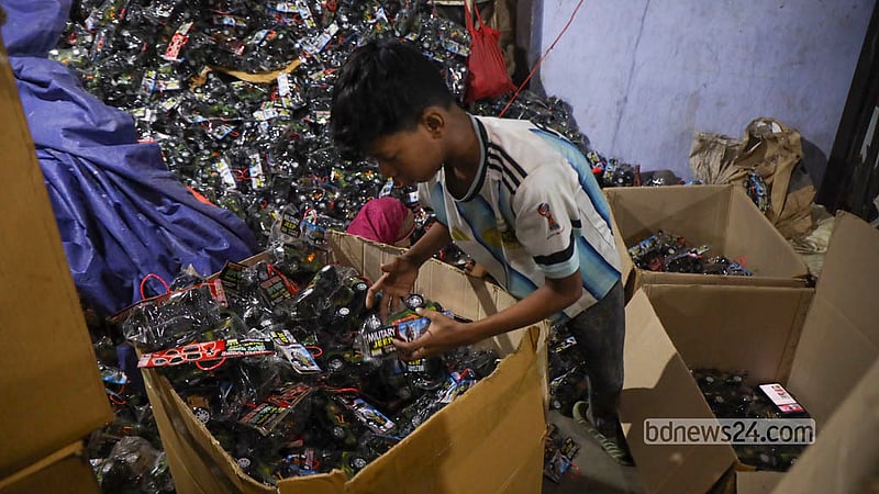 The finishing and packaging of products is under way at the factories in Dhaka’s Kamrangirchar with the aim of exporting these plastic toys to meet global demand. Photo: Shamsul Haque Ripon