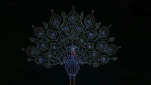 3,473 drones form record-breaking peacock at Mysuru Dasara