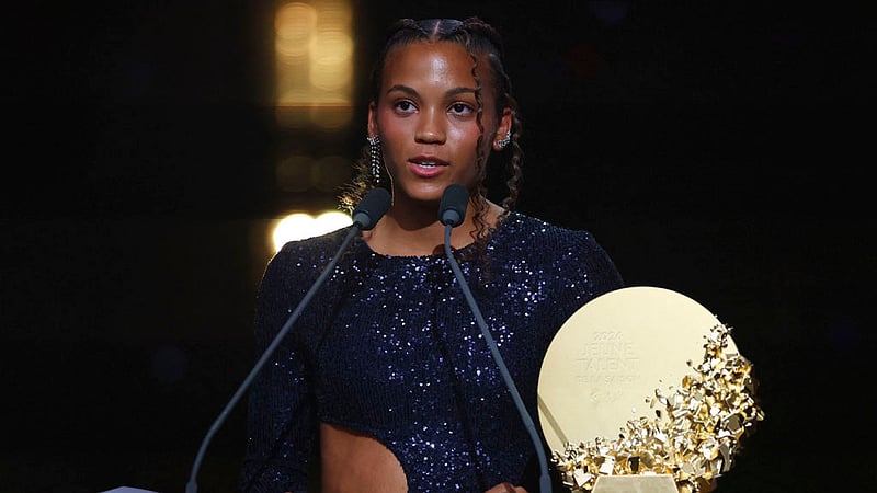 Vicky Lopez makes a speech after winning the women's young talent of the year award,  London Palladium, London, Britain - October 26, 2026. Photo: REUTERS
