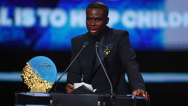 Arsenal's Bukayo Saka makes a speech after winning the Socrates Award for Fair Play,  London Palladium, London, Britain - October 26, 2026. Photo: REUTERS