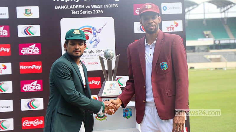 Najmul Hossain Shanto and Kraigg Brathwaite shake hands after unveiling the Test series trophy at Sher-e-Bangla National Cricket Stadium in Dhaka’s Mirpur. Photo: Shamsul Haque Ripon