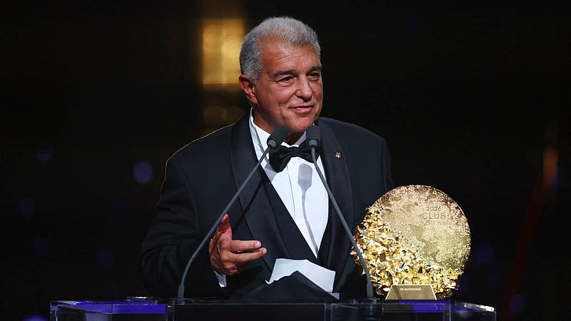 FC Barcelona president Joan Laporta makes a speech after winning the women's club of the year award,  London Palladium, London, Britain - October 26, 2026. Photo: REUTERS