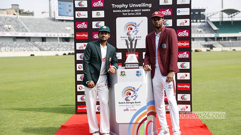 Najmul Hossain Shanto and Kraigg Brathwaite hold the official trophy of the two-match Test series between Bangladesh and West Indies. Photo: Shamsul Haque Ripon