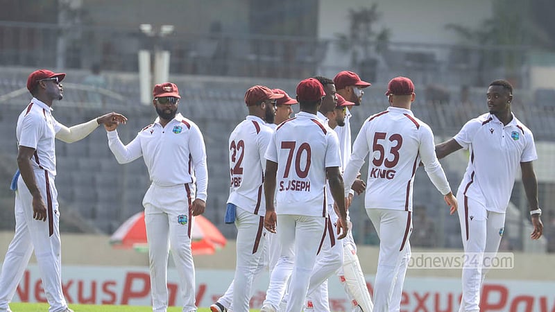 West Indies players celebrate after taking a wicket against Bangladesh during the first Test at the Sher-e-Bangla National Cricket Stadium in Mirpur. Photo: Shamsul Haque Ripon