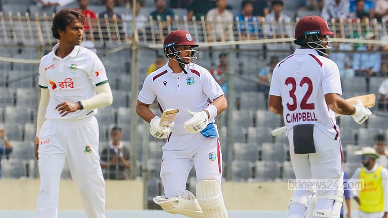 
West Indies end the second day of the first Test on 134 for four against Bangladesh at the Sher-e-Bangla National Cricket Stadium in Mirpur. Photo: Shamsul Haque Ripon
