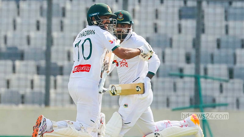 
Bangladesh batter Shadman Islam celebrates his century against West Indies in the Mirpur Test. Photo: Shamsul Haque Ripon
