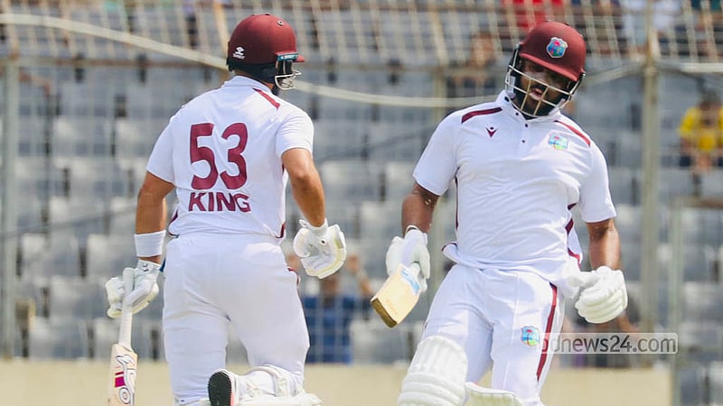 
West Indies end the second day of the first Test on 134 for four against Bangladesh at the Sher-e-Bangla National Cricket Stadium in Mirpur. Photo: Shamsul Haque Ripon
