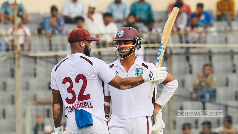 
West Indies end the second day of the first Test on 134 for four against Bangladesh at the Sher-e-Bangla National Cricket Stadium in Mirpur. Photo: Shamsul Haque Ripon
