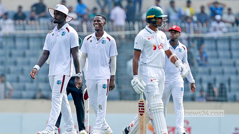 West Indies players celebrate a Bangladesh wicket at the Sher-e-Bangla National Cricket Stadium in Mirpur. Photo: Shamsul Haque Ripon