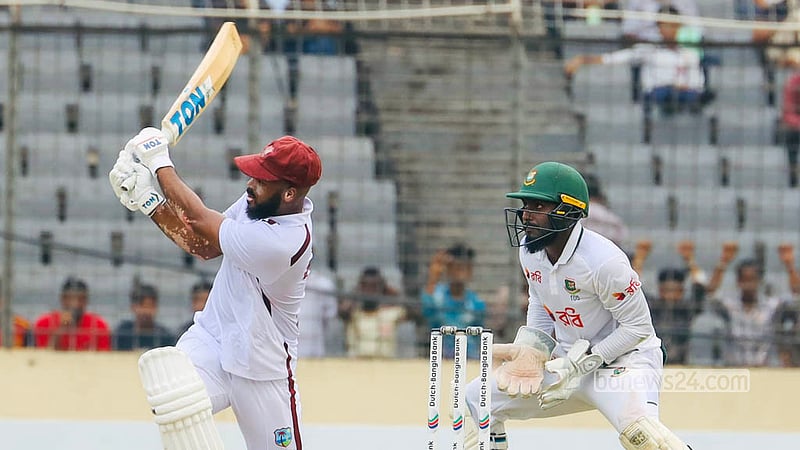 
West Indies end the second day of the first Test on 134 for four against Bangladesh at the Sher-e-Bangla National Cricket Stadium in Mirpur. Photo: Shamsul Haque Ripon
