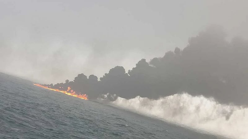 Tanker hired by US military ablaze off UK after hit by container ship
