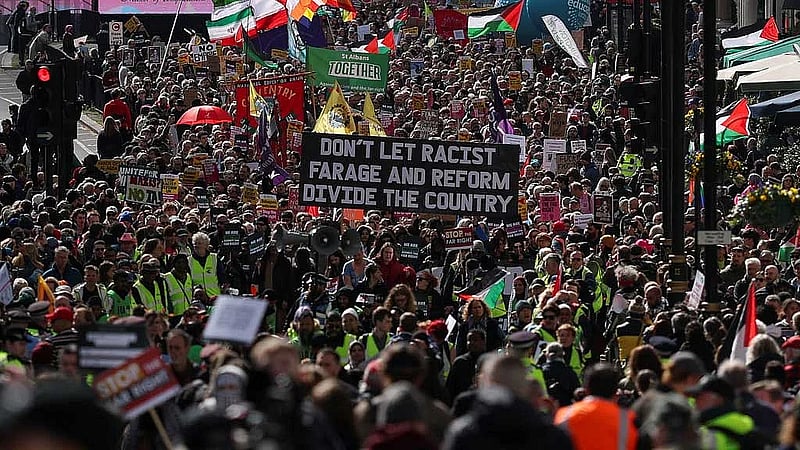 Protesters march in London to oppose the rise of political right