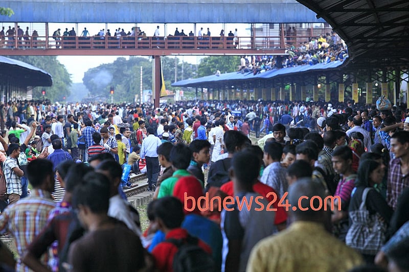 Airport Railway Station in Dhaka is crammed with homebound people ahead of Eid-ul-Azha on Monday.