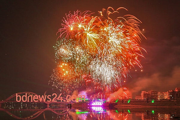 Fireworks light up the night sky during a festival of lights at Hatirjheel in Dhaka to celebrate attainement of 10,000 megawatt power generation capacity.