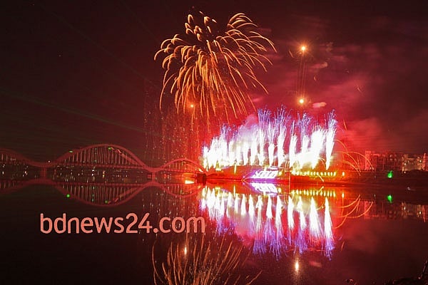 Fireworks light up the night sky during a festival of lights at Hatirjheel in Dhaka to celebrate attainement of 10,000 megawatt power generation capacity.