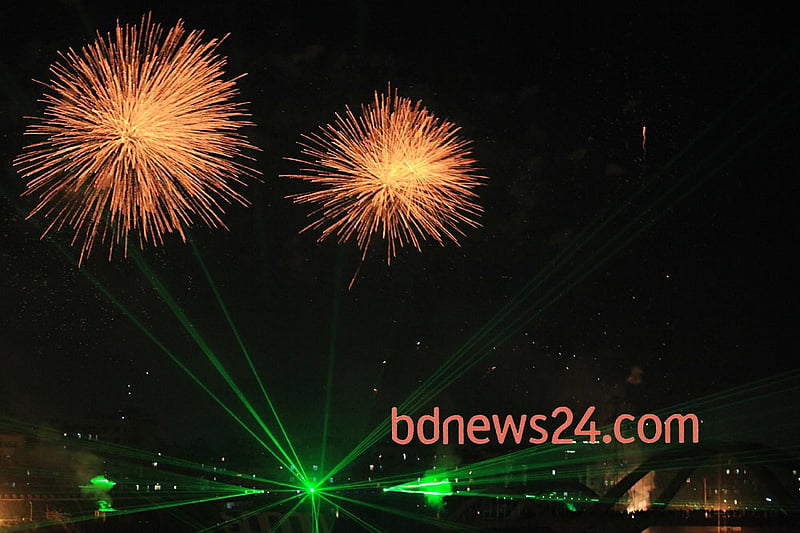 Fireworks light up the night sky during a festival of lights at Hatirjheel in Dhaka to celebrate attainement of 10,000 megawatt power generation capacity.