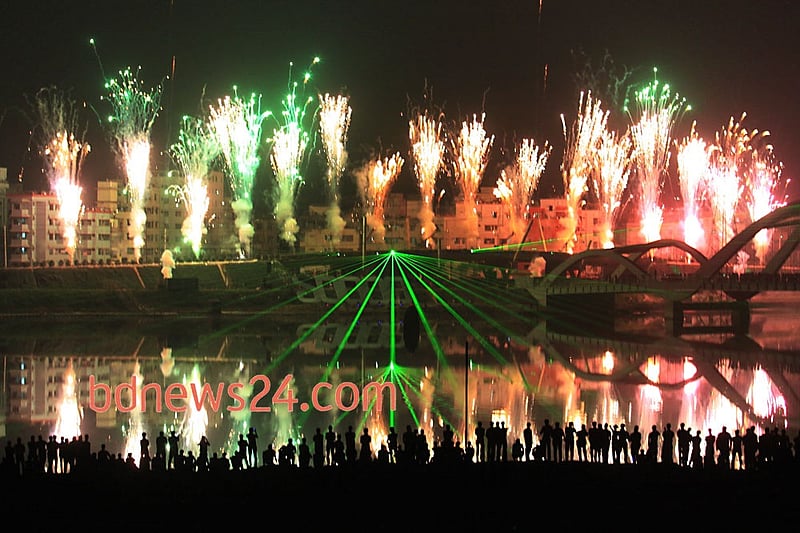 Fireworks light up the night sky during a festival of lights at Hatirjheel in Dhaka to celebrate attainement of 10,000 megawatt power generation capacity.