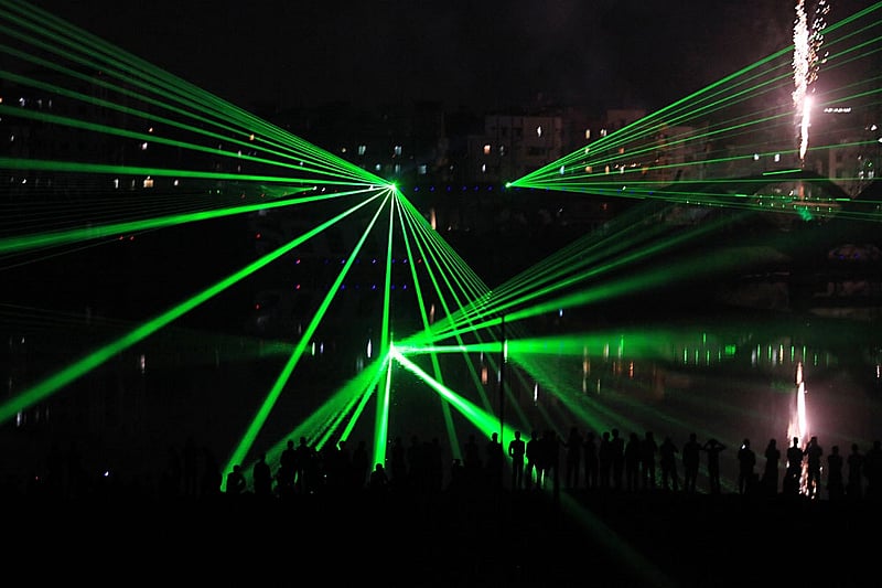 Laser show on the night sky of Hatirjheel in Dhaka during a festival of lights to celebrate reaching 10,000 megawatt power generation capacity. Photo: asaduzzaman pramanik